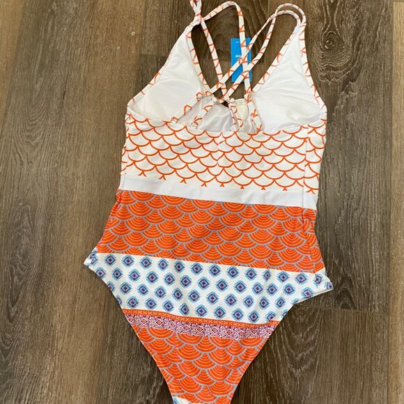 Cupshe Medium Orange and blueprint - One piece Bathing Suit M-10 NWT - Picture 4 of 7